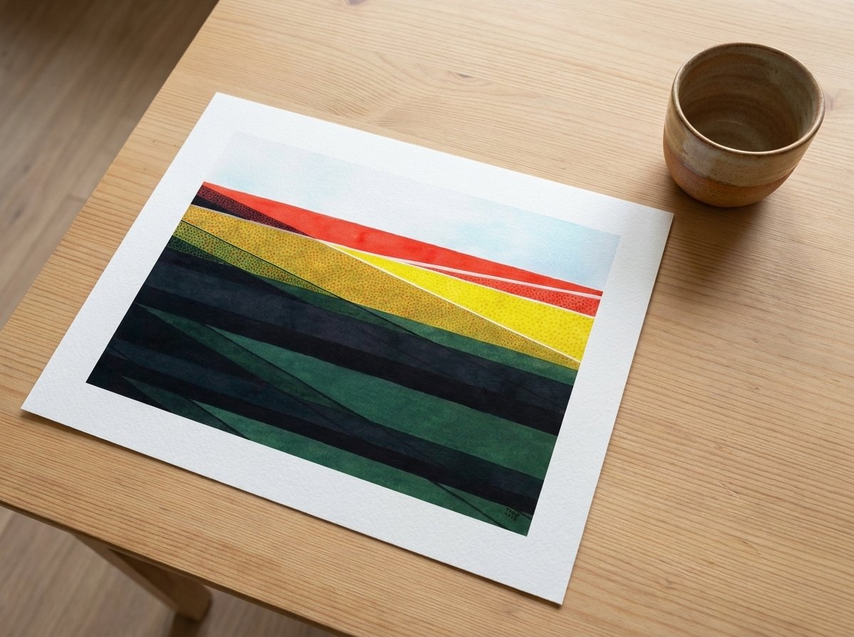 Reprodução de uma paisagem do Alentejo em papel de algodão, com margem branca, sobre mesa de madeira