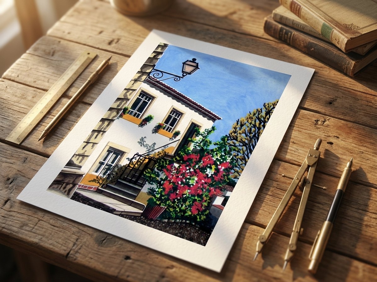 Reprodução de Óbidos em papel de algodão, com margem branca, pousada sobre mesa de madeira
